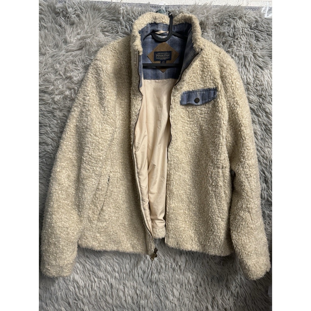Women's L Pendleton P1558 Beige Sherpa Fuzzy Faux Sheepskin Fur Full-Zip‎ Jacket